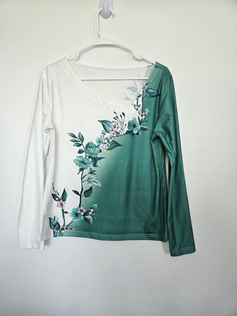 Green White Floral Print Long Sleeve Top Asymmetrical Neck Blouse Size M